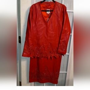 VTG Red Leather Jacket & Skirt Embroidered/Beaded Made In India SIZE M